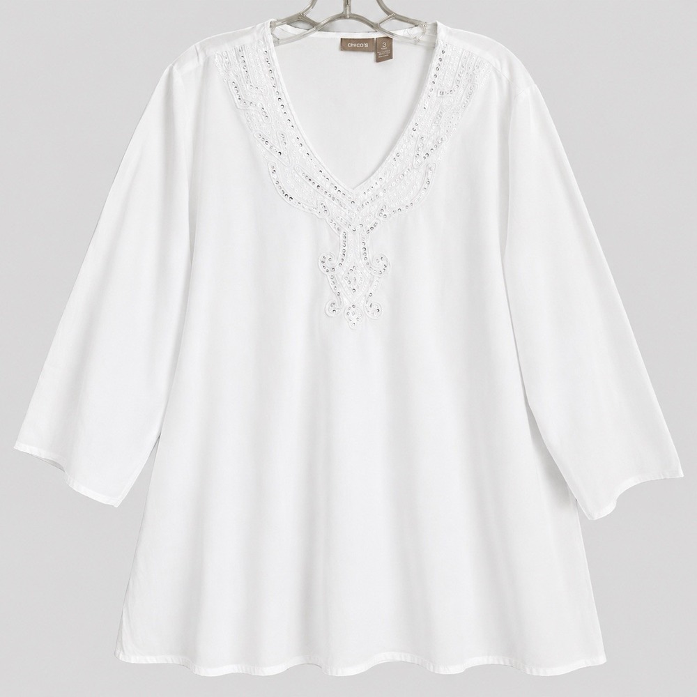 Chicos Tunic Top XL White Embroidered Sequined Beach Summer Coastal Resort - Picture 2 of 7